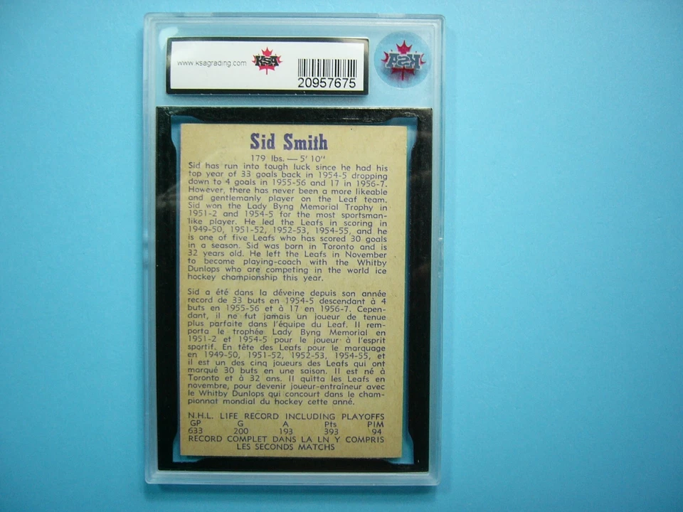 1957/58 PARKHURST NHL HOCKEY CARD #10 SID SMITH KSA 5 EX SHARP!! 57/58 PARKIE - Image 2 of 2