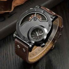 Cool Men Dual Time Zone Sports Watch Military Army PU Leather Strap Quartz Watch