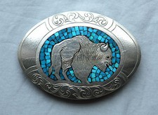 Vintage Hand Made Buffalo Turquoise Inlay Western Belt Buckle