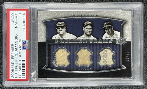 BABE RUTH LOU GEHRIG JOE DIMAGGIO PSA 8 2008 UD PREMIER TRIPLE GU RELIC 4/20 HOF