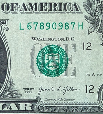 #ad 2021 $1 fancy serial five digit up down ladder 6 0 7. L 67890987 H $12.99