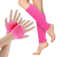 Yolev 2 Pairs Neon Leg Warmers and Fishnet Gloves 80s Fancy Dress Rose Red