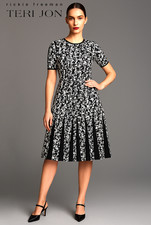 $590 NWT TERI JON Double Knit Short Sleeve Black White Pleated Skirt Dress Sz M