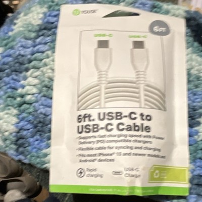 U YOUSE 6ft USB-C to USB-C Fast Charge Cable White For Apple Samsung Google LG
