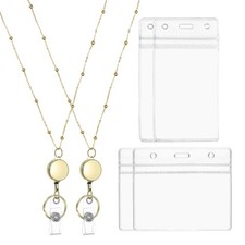 2 Pcs Round Badge Necklace Lanyard with 2 Set ID Holder, Gold Tone