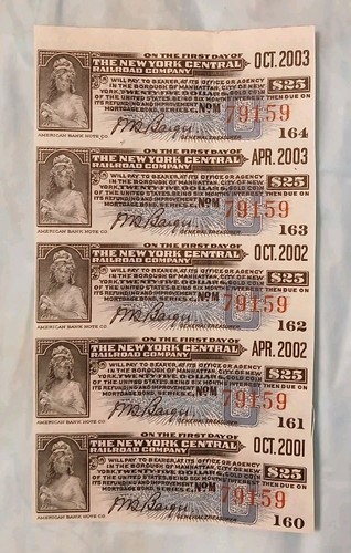  NEW YORK  CENTRAL  Railroad  1990's  Strip Of 5  Consecutive Bond Coupons  RARE
