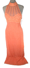 Scala Y2K Dress Prom Formal Orange Coral Orange 100% Silk Beaded Sheath Sheer S