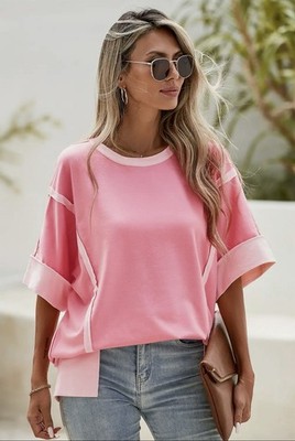 Half Sleeve Raw Seam High Side Split Top, Size Medium, Casual, Pink Contrast