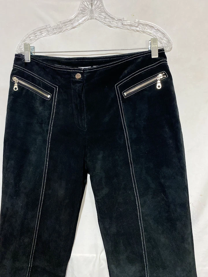 Vintage Women Wilson’s Black Suede Leather Pants Biker Motorcycle White Stitch - Image 2 of 4