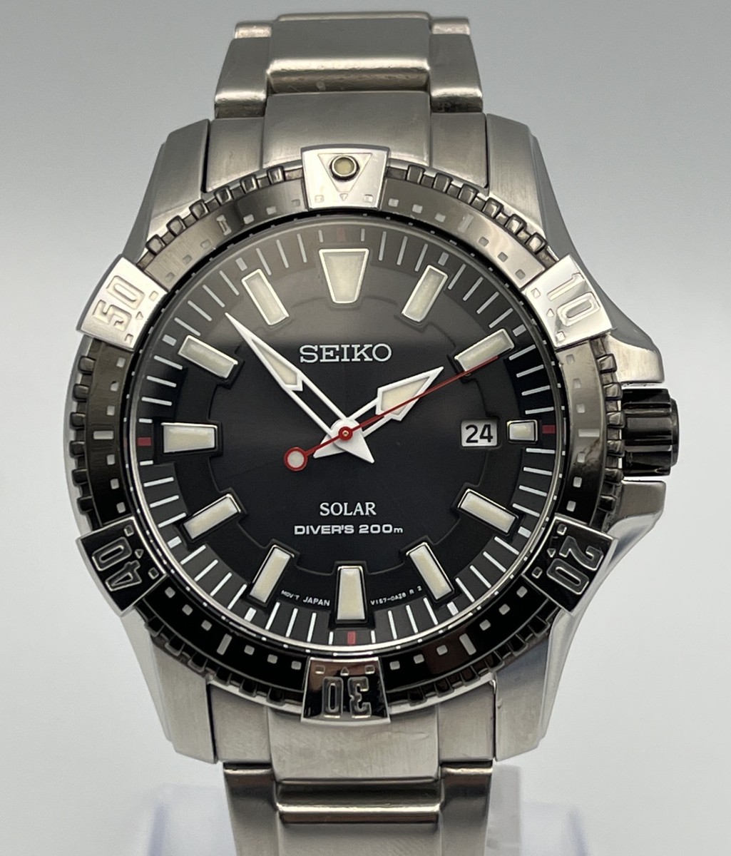 SEIKO V157-0AS0 Solar Diver's Black Dial Quartz Watch Japan w