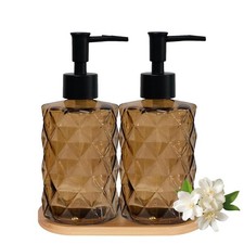12oz Brown Glass Hand and Dish Soap Dispenser Set, Diamond Design, Set of 2