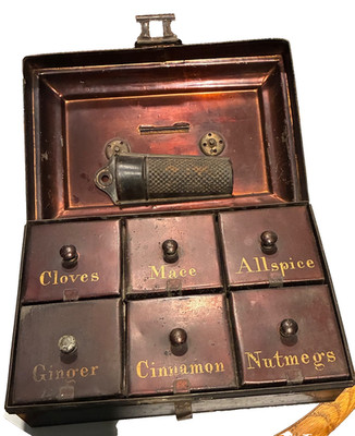 Antique Metal Spice Box With 6 Containers 1800-1900 s