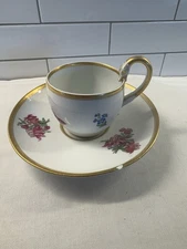 Meissen Pink Rose Coffee Cup and Saucer Feathered Handle - chipped saucer