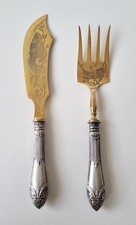 Sehr sch&ouml;nes, vergoldetes Vorlege- Fischbesteck mit Silbergriffen - um 1890