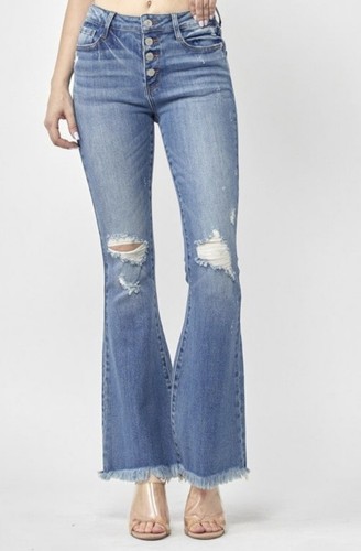 Women's Risen Mid Rise Button Fly Distressed Flare Jeans 1XL