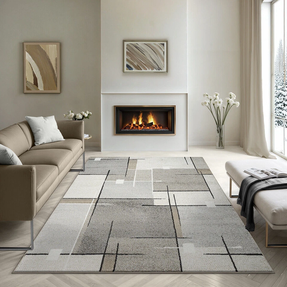 Tapis de salon à poils courts au design abstrait beige gris rouge - Photo 1/1