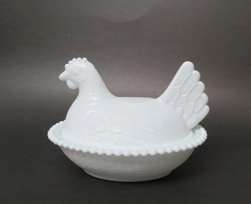 Vintage White Milk Glass Hen on Nest Indiana Glass Slotted Bead Stippled Basket