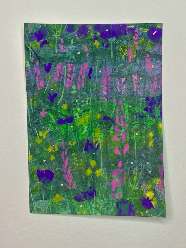 ACEO Original Mixed Media Abstract Flower Garden Painting 2.5x3.5 Tiny Art ATC