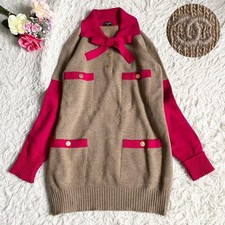 Chanel Cashmere Bicolor Knit Dress Here Mark Embroidery Gold Button Good