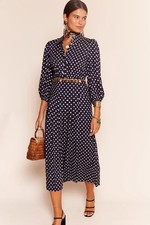 New Rixo Izzy Runway Navy Polka Dot Spot Midi Dress Size M