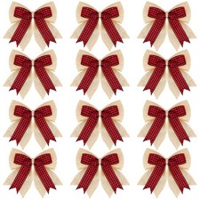 12 Pcs Christmas Burlap Bows 4.8 Inch Rustic Plaid Burlap Bows Knot for Chris...