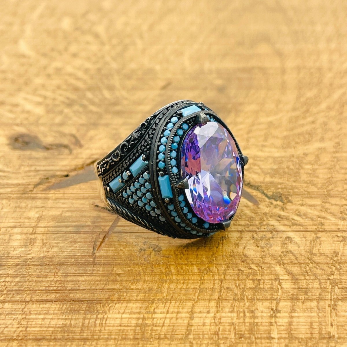 Mens Silver Ring, Light Purple Amethyst Oval Stone Ring, 925K Mens