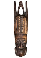 Hand Carved African Wooden Wall Hanging 13" Face Mask Gambia? With Flaw & Repair