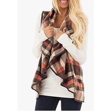 Women's Color Block Lapel Open Front Sleeveless Plaid Vest Cardigan with Pockets