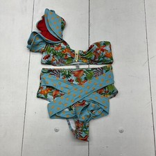 Blue Floral Orange Polka Dot Print One Shoulder Bikini Women s Size Medium NEW