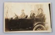 Vintage Real Photo Postcard RPPC Happy Guys in a Period Car