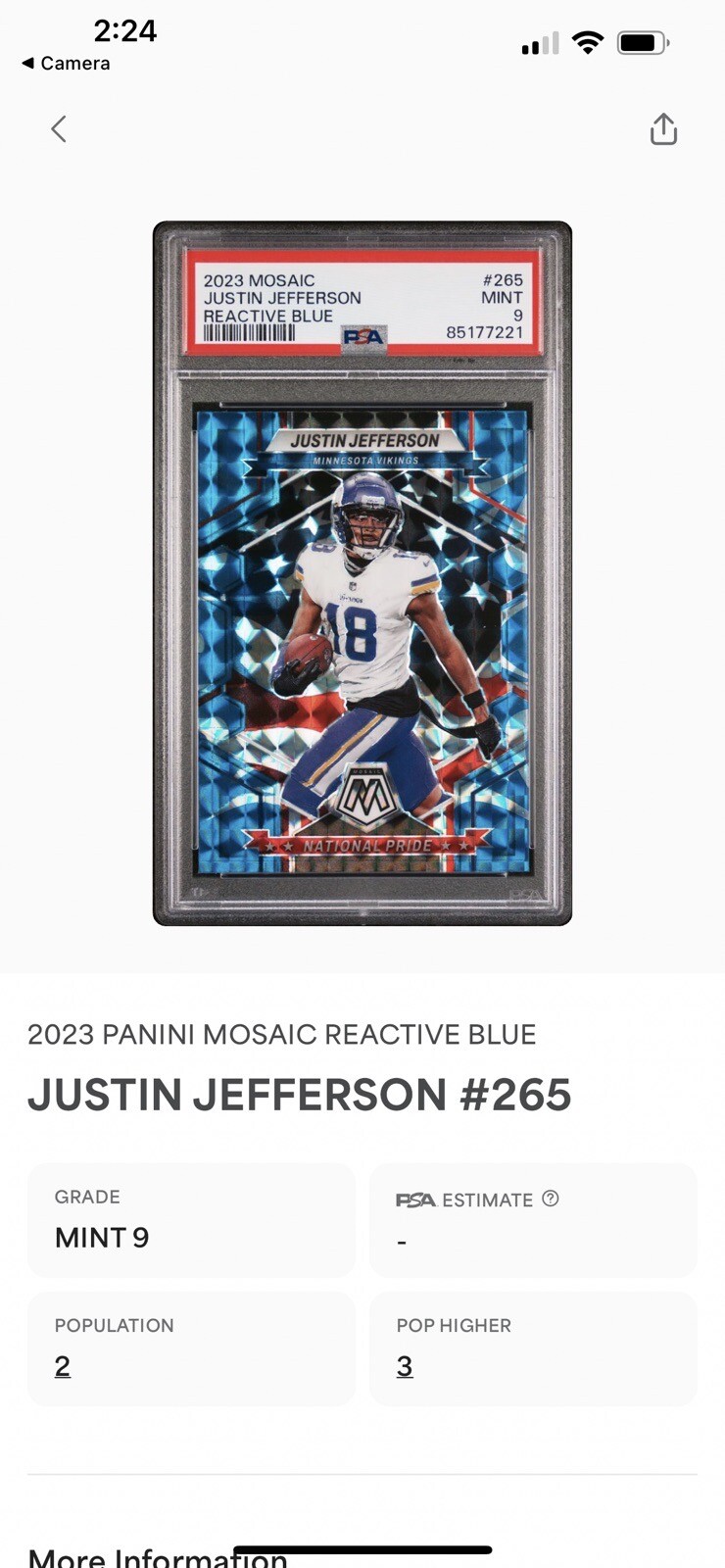 2023 Mosaic Justin Jefferson Blue Reactive Prizm #265 Vikings Low Pop PSA 9 💎🔥 view 2
