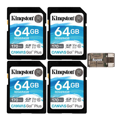 Kingston 64GB SDXC Canvas Go Plus 170MBs Read Memory Card 4 Pack Card Reader