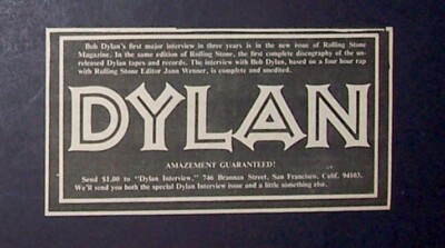 Bob Dylan Nashville Skyline Era Rolling Stone Magazine 1969 Poster Type Ad