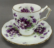 Aynsley Violette Purple Flowers & Gold Bone China Demitasse Cup & Saucer