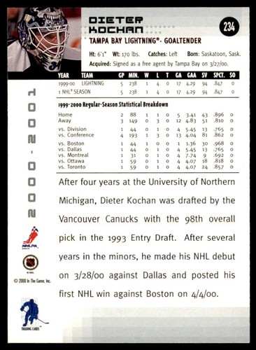 2000-01 Be a Player Memorabilia Dieter Kochan OnCardIPAuto Lightning #234 - Picture 2 of 2