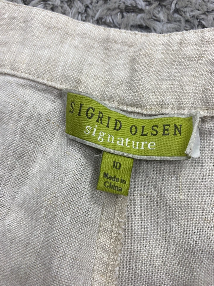 Pantalones Sigrid Olsen Mujer 10 Lino Tiro Alto Pierna Ancha Calce Relajado Pantalones de Carrera Foto 3 de 4