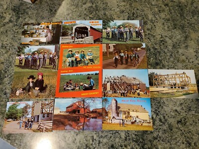 Vintage Post Card Lot Of 13 Amish Family Kids Wagons Horses Barn raising