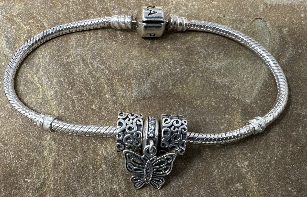 VTG Pandora ALE 925 Sterling Silver  Snake Chain Bracelet  Butterfly CZ CHARM'S