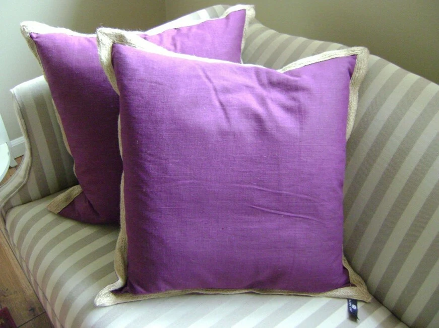 Purple Down Filled Throw Pillows With Jute Trim ~ SET/2