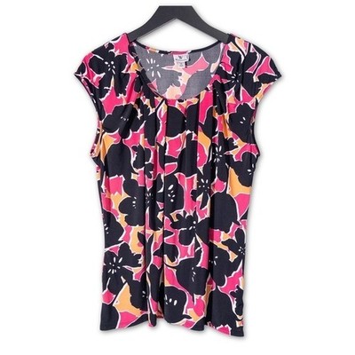 Worthington Floral Top Womens XL Black Hot Pink Cap Sleeve Pleated Neck Shirt