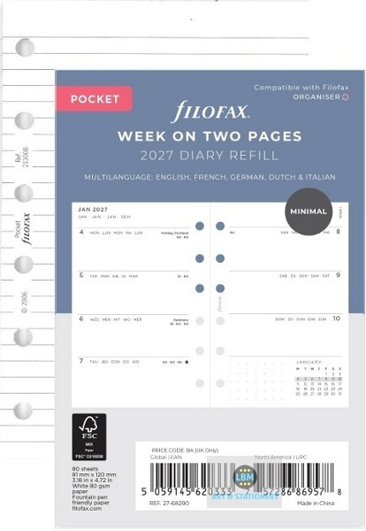 Filofax 2027 Pocket Diary - Week On Two Pages + 25 Sheets White Ruled Notepaper