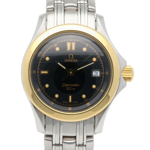 OMEGA Seamaster 120 Quartz Ladies Watch SS 18K Gold Black Dial Vintage