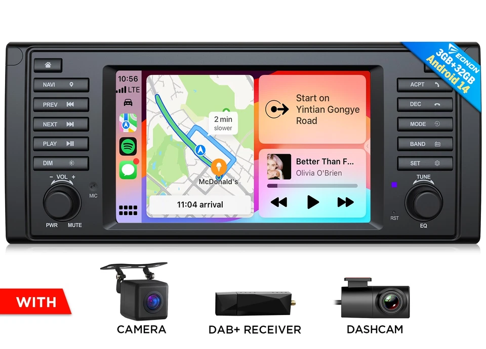 DAB+CAM+DVR+Für BMW E39 525 E39X7 7" IPS Android 14 Autoradio Apple CarPlay Navi