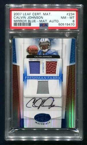 2007 Leaf Certified Calvin JOhnson Mirror Blue RC Jersey AUTO 36/50 PSA 8 NM-MT