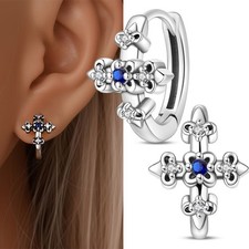 PANDACH 925 Sterling Silver Baroque Cross Huggie Hoop Earrings for Women Men