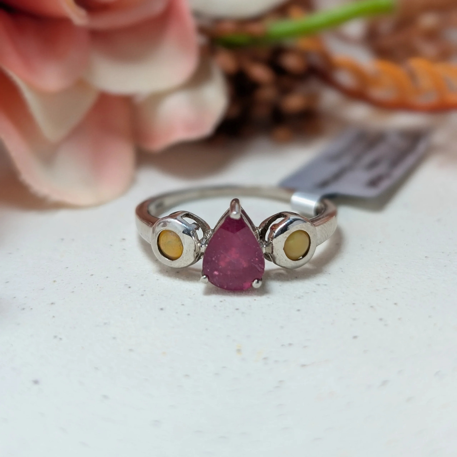 Sterling Silver Ruby Opal Ring, Teardrop Pink Fire - image 1