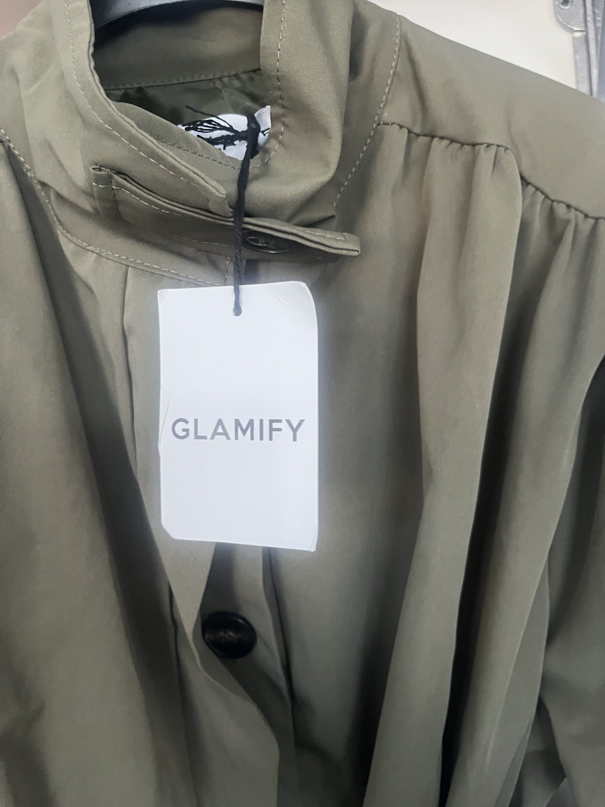 GLAMIFY Women’s Khaki Short Belted Jacket Button Closure Long Sleeve One Size image 4