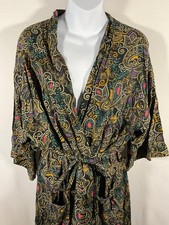 vtg Playboy style Long Smoking Jacket Black Paisley Kimono Robe Unisex XL