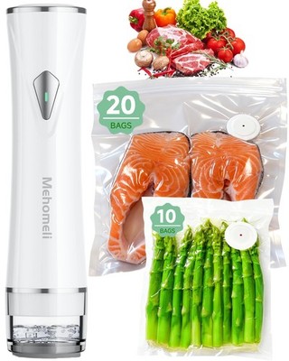 Mehomeli Compact Vacuum Sealer for Food + 30 Bags, White 