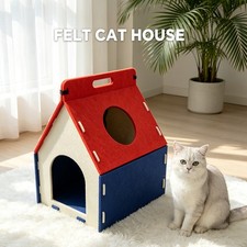 Felt Cat House with Handle Cottage Cat Cave Bed Hideaway Red White Blue